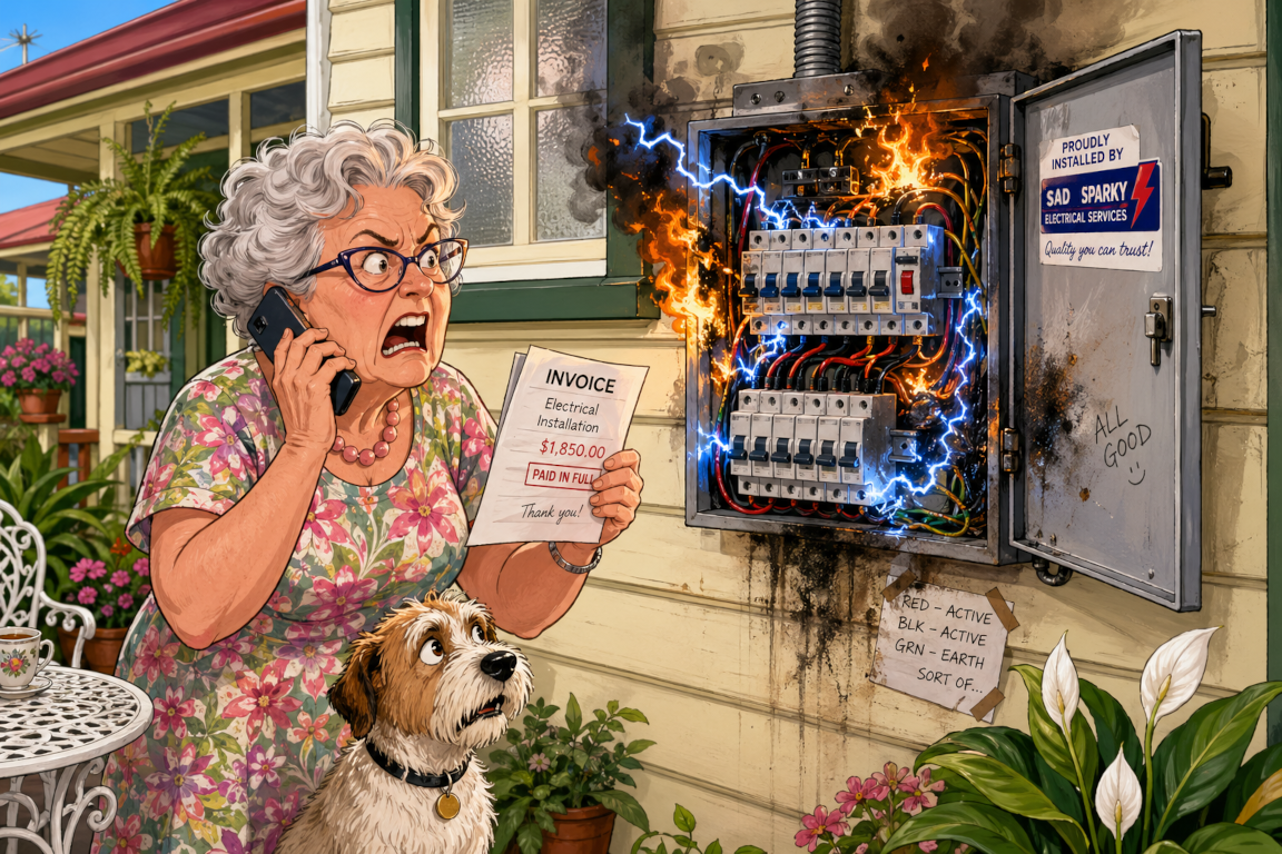 Angry client of Sad Sparky with concerned pet dog on phone to installer about switchboard fire